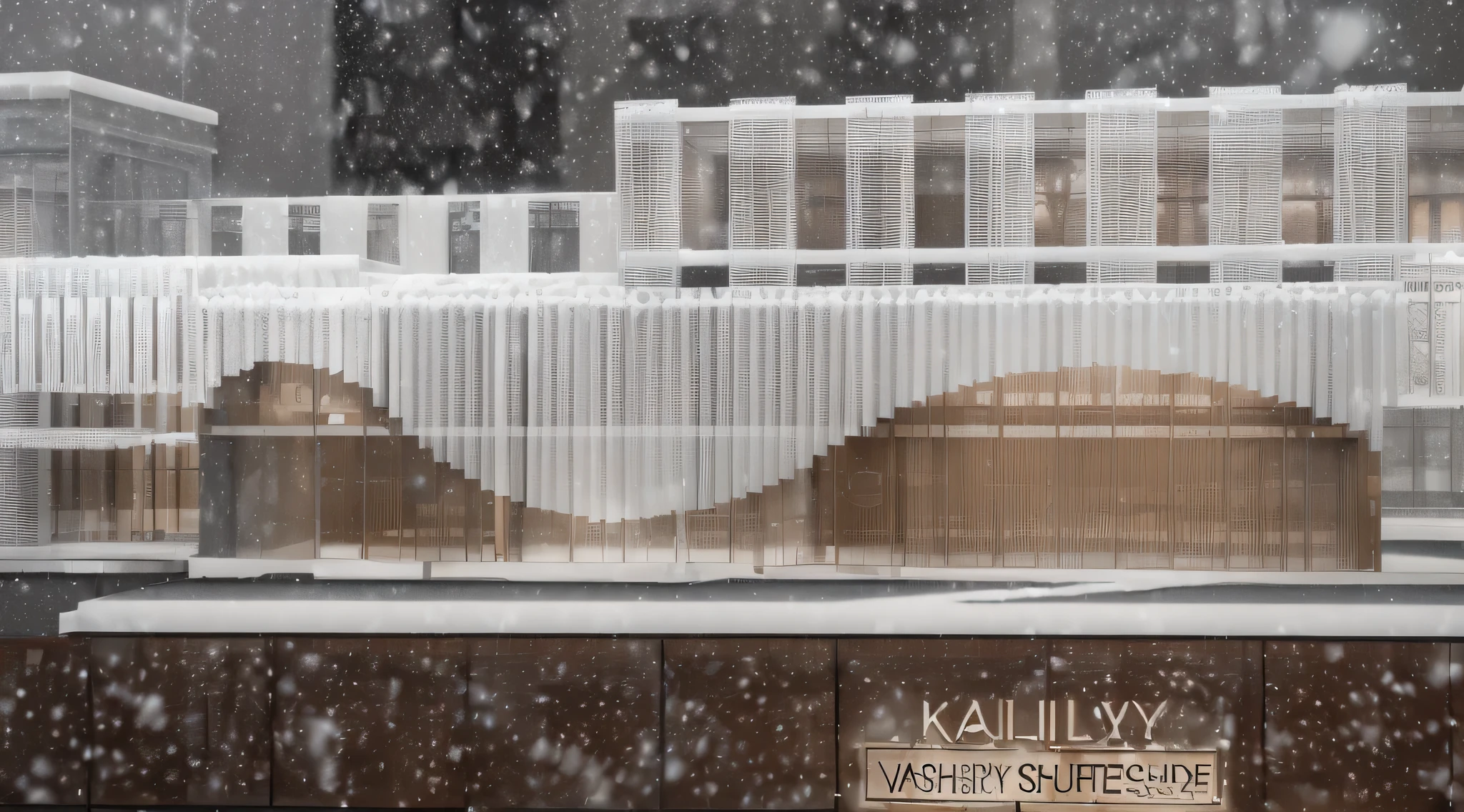 render vray, ((architectural structure)), weather context: it's snowing,((window display fashion display)), !((no changes to the structure))