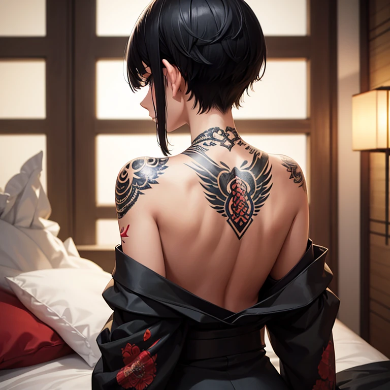 A woman with short hair, black hair, hair with bangs, from the back, from the back,Looking to the side, back tattoos, tattoos, dragon tattoo, kimono clothing, showing back tattoo, spot, japanese bedroom, japanese bedroom