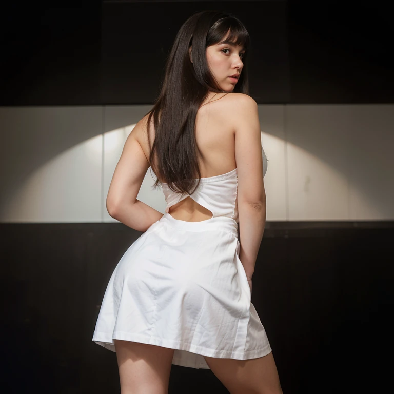 Full body photo of a pretty young 1girl, big cheeks, very long hair,  black hair, side-swept bangs, side fring hair, medium size breast, laced mini dress, ((white color dress)), (tight skirt), ((turning back, back shot)), (ultra mini skirt), Full body , best quality, realistic, 8k,