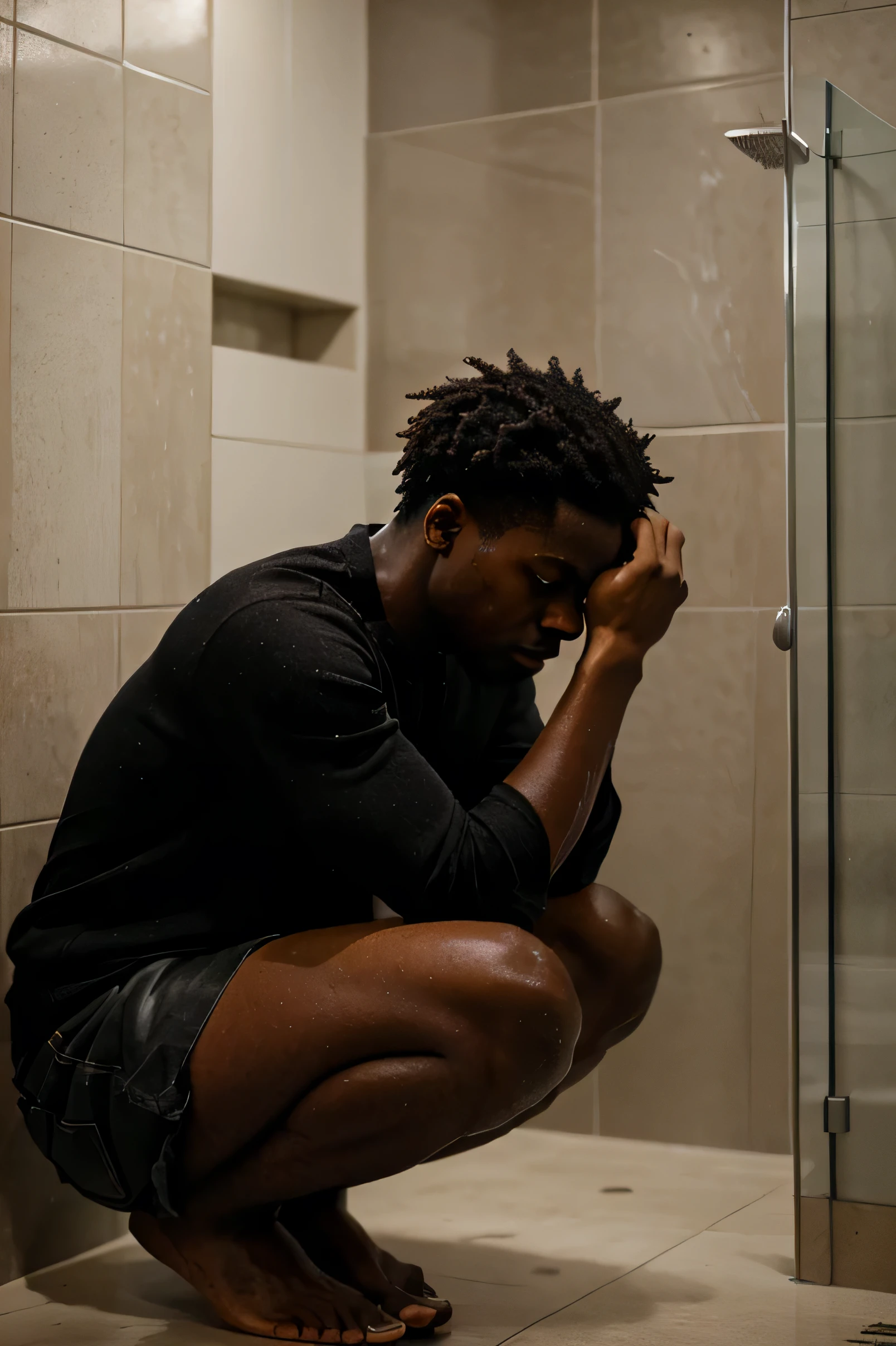 artistic portrait of a black man crouching and depressed in the shower