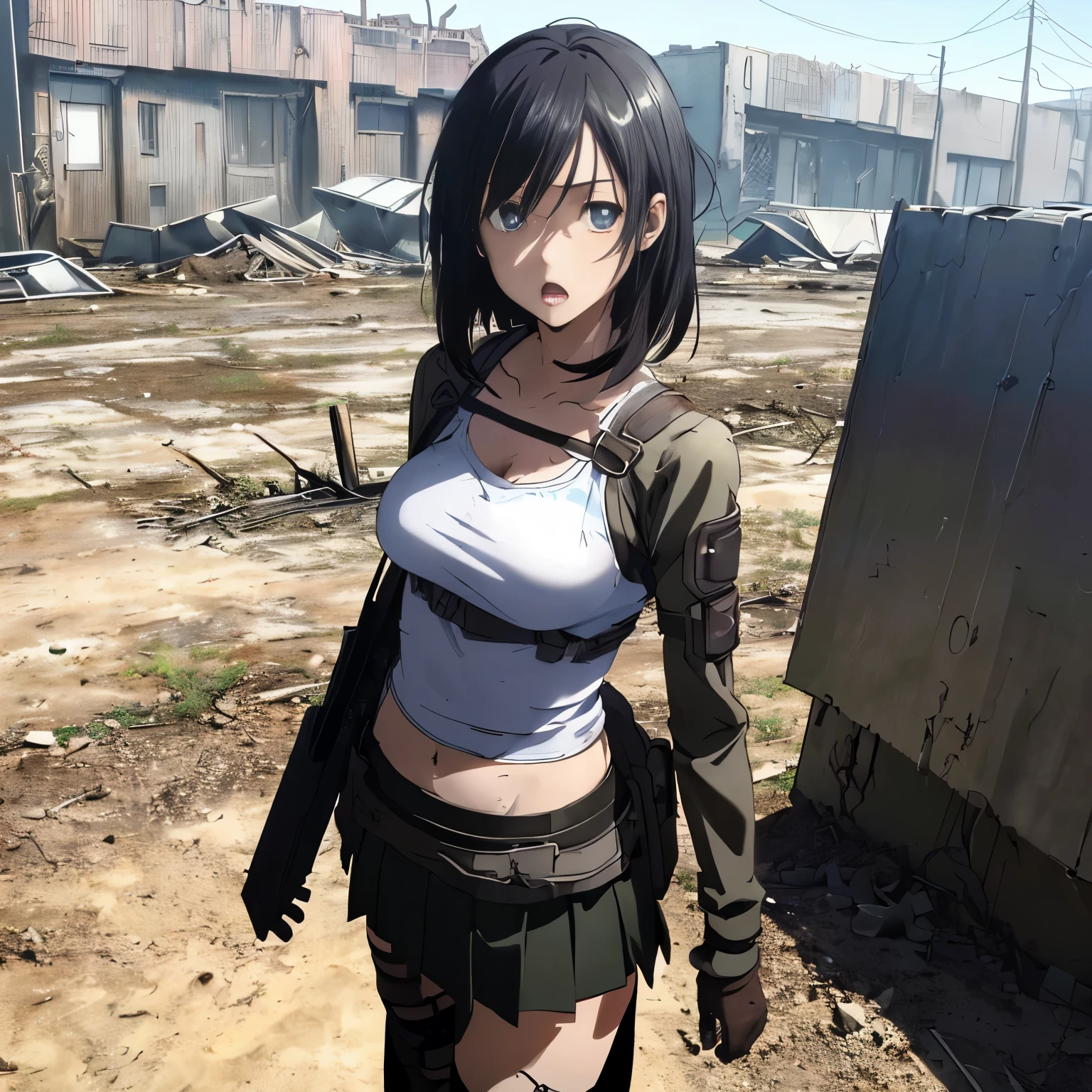 Detailed,( Shadowvers style),tmasterpiece, beste-Qualit, 1girl, 独奏, Slim , ((Skirt over the head)), The Wandering Girl, Indoors, body complet, (((A character from a post-apocalyptic world))), (((( The character is close to the viewer)))), ((A character from the world of the post-apocalyptic world)), (((Average Breasts))), ((Beautiful simple anime eyes)), (((The most frightened face)) ,(( Ao fundo, Surprised people), ( A vacant lot is visible),((does not look at the viewer))
