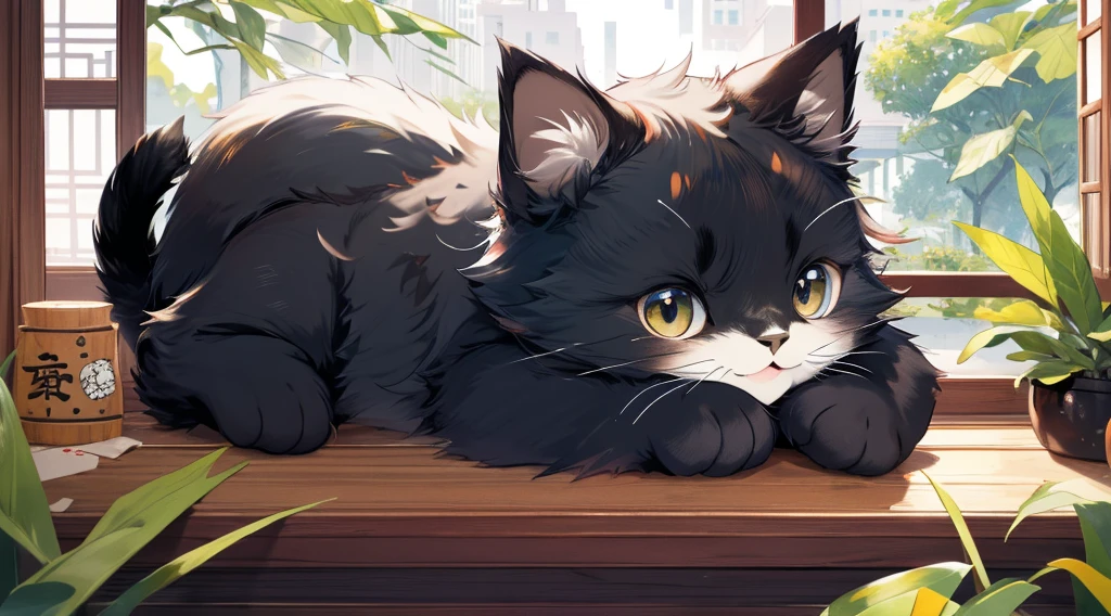 top-quality,look at the park from the window,Cute black cat with round eyes,(独奏),Rear view,Fantasia,