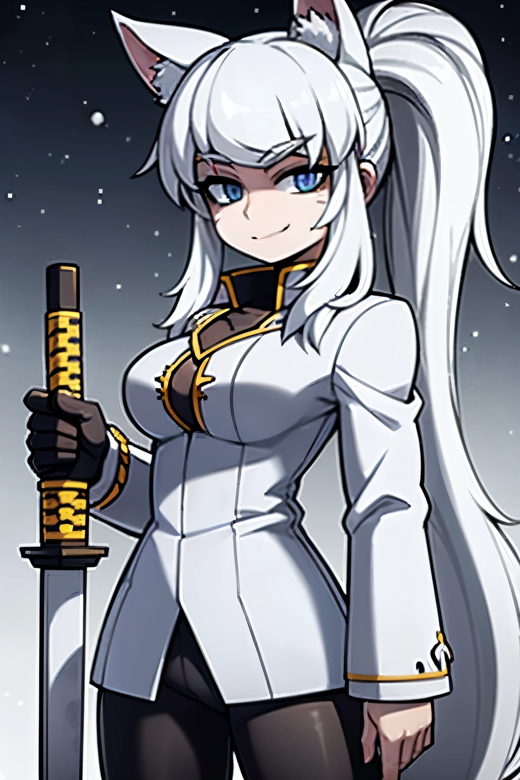 young wolf girl, white wolf ears, long white hair, messy hair, blue eyes, in a snow, wearing black lether jacket, tattoed body, 4k, masterpiece, smiling, holding a katana, best quality, HD,