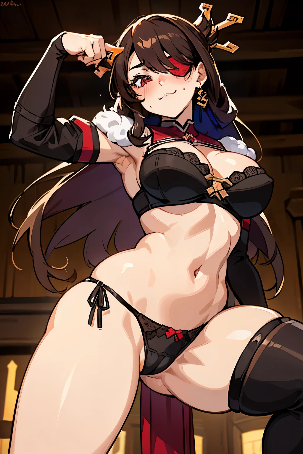 masterpiece, standing insanely hot (woman 1) using sexy, (((cute pose)), (thick thigths), (confident expression), blushed face, red eyes, brown hair, from below, eye patch, medival tavern, beer, panties, abdomen, (((drunk))), (underwear), bra, big boobs, cape, masturbation, crouching, pussy