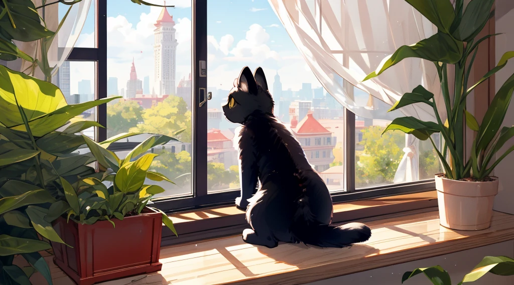 top-quality,look at the park from the window,Cute black cat with round eyes,(独奏),Rear view,Fantasia,