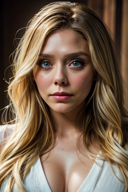 Front image taken by a professional photographer in perfect lighting, high resolution of Actress elizabeth olsen, blonde hair, bright light eyes, detailed sharp face, busty, muscular body, Full body