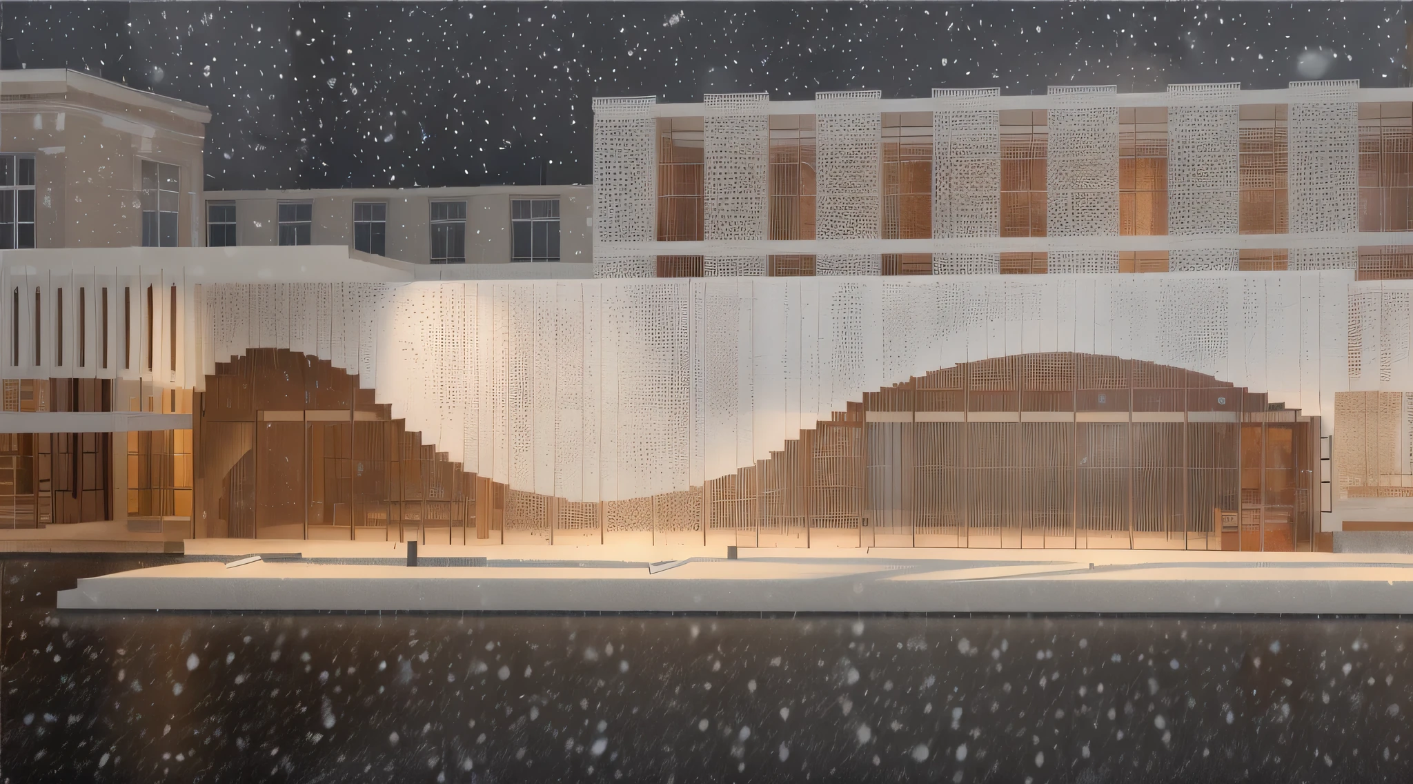 render vray, ((architectural structure)), weather context: it's snowing,(( [ window display ] fashion display)), !((no changes to the structure))
