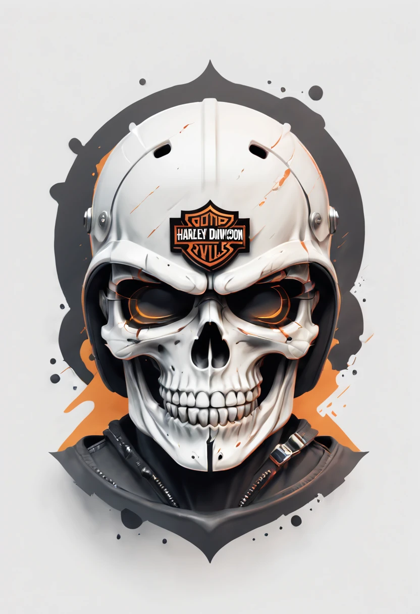 Harley Davidson logo design,t shirt design,beefy style,design only,white background,no model,professional,high contrast,high-res,ultra-detailed,vivid colors,metallic accents,sharp focus,edgy,dynamic composition,gritty texture,rough brush strokes,mechanical elements,chrome effect,classic typography,retro style,distressed look,aggressive lines and curves,3D rendering,striking visual impact,dark shadows,strong branding presence,monochromatic palette,industrial aesthetic, helmet skull