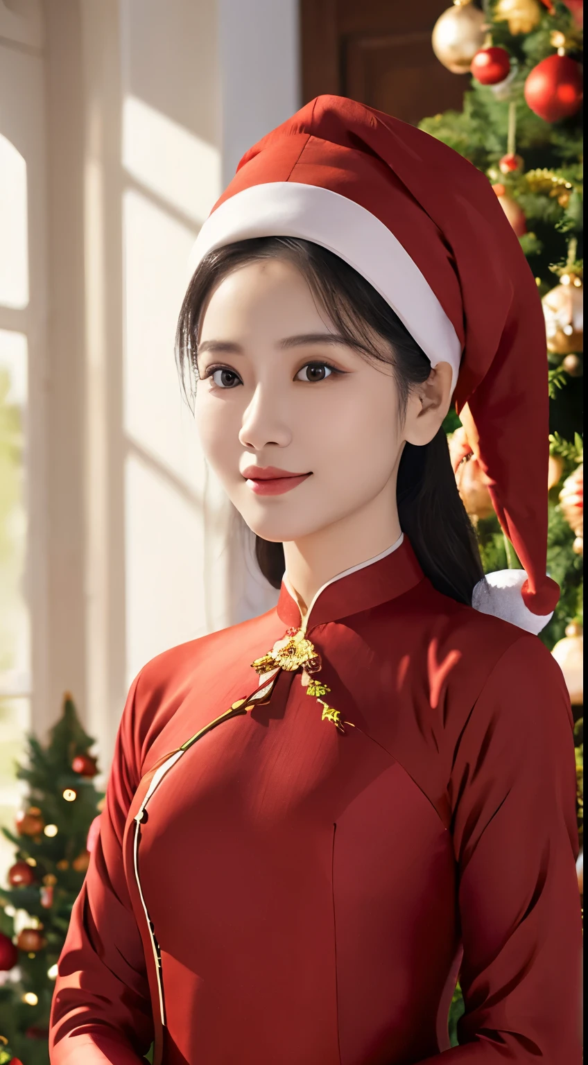 (Beautiful Vietnamese Woman)，(Red Ao Dai:1.5)，(Santa Claus hat:1.2)，Christmas tree，Christmas atmosphere， black hair, Surrealism, 8k, super detail, UHD, masterpiece, ccurate, textured skin, super detail, high details, high quality, best quality
