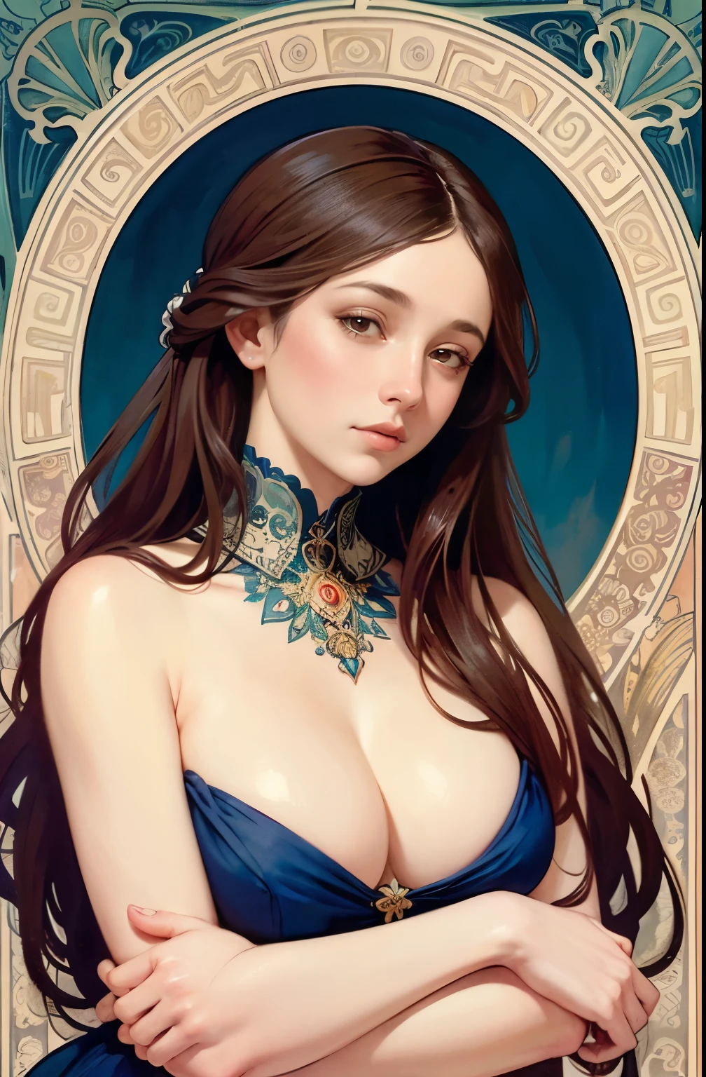 ((masterpiece)), (best quality), (cinematic), art nouveau style watercolor painting , the Mother of Oceans , large breasts, big eyes, long thick eyelashes, cleavage, full lips, dark red eyes, long thick hair, high ponytail, accessories, flower_background, featuring intricate designs and patterns in the style of Alphonse Mucha.