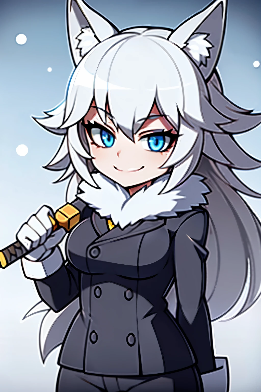 young wolf girl, white wolf ears, long white hair, messy hair, blue eyes, in a snow, wearing black lether jacket, tattoed body, 4k, masterpiece, smiling, holding a katana, best quality, HD,