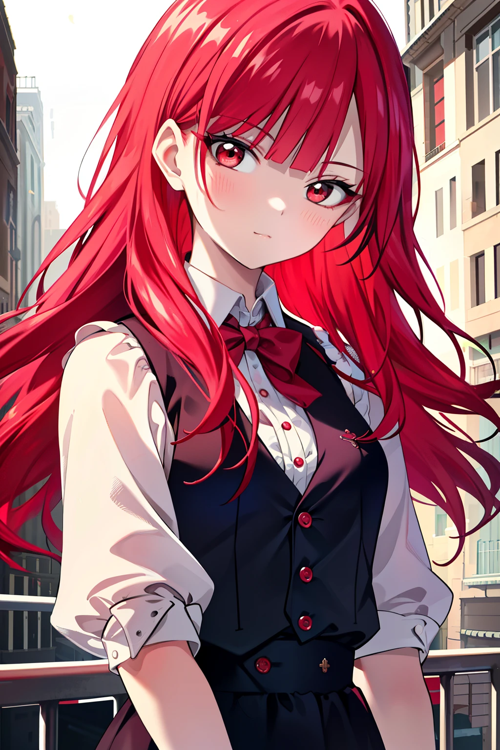 Masterpiece, Best quality, High quality, 1girll, Solo, view the viewer, Upper body, Mojana_maggie, 1girll, Red hair, Long hair, Red eyes, vests,（cropped shoulders：1.artly_Unbuttoned：1.2）