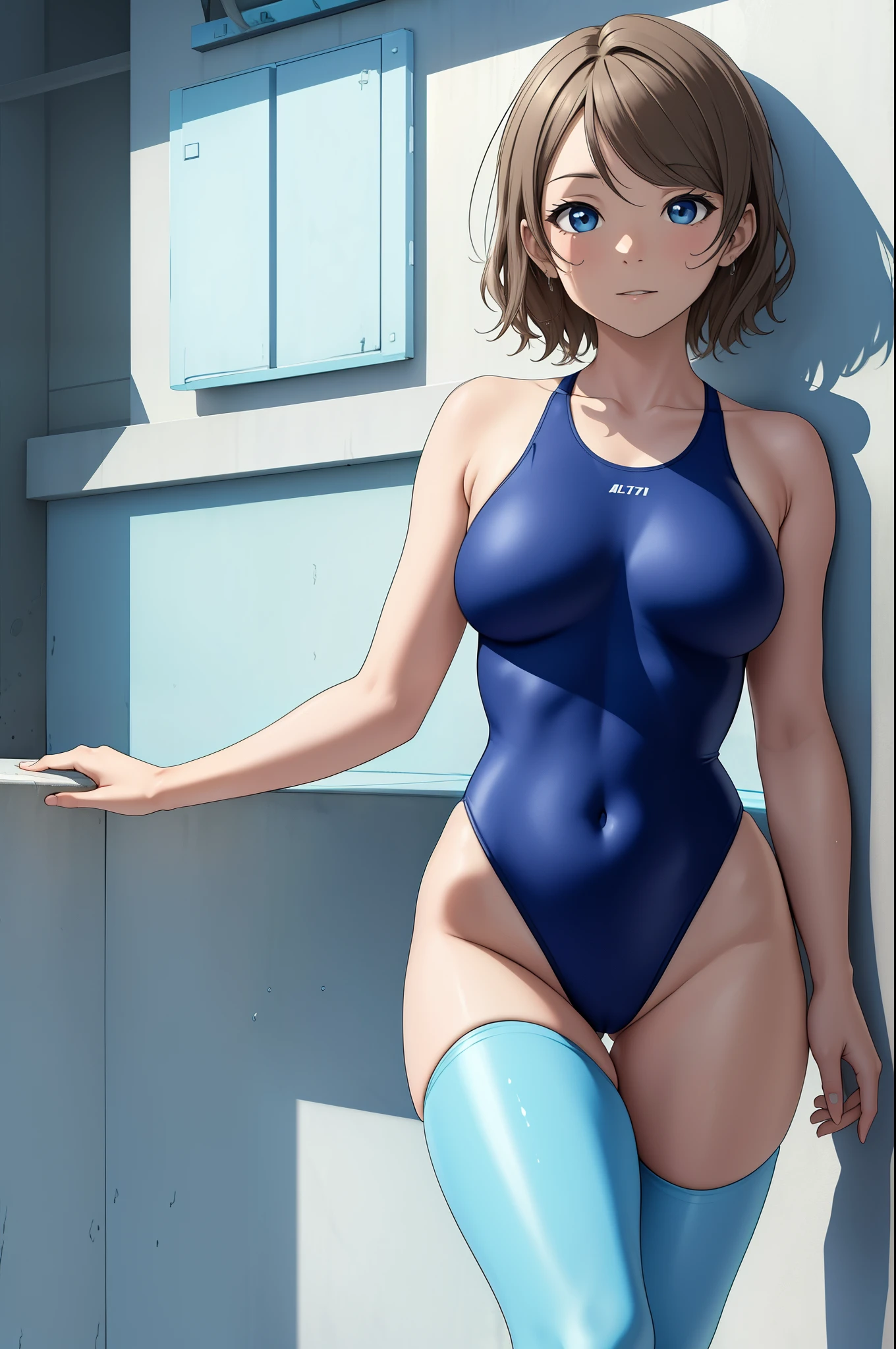 ((Masterpiece)), 8k wallpaper,solo, Watanabe you, pov, against wall,pov hands, embarrassed,wearing only a basic swimsuit and pumps, The shoulder area of the swimsuit is a tank top type without decoration, The waist of the swimsuit is a high-cut leotard type The surface of the swimsuit is slippery.