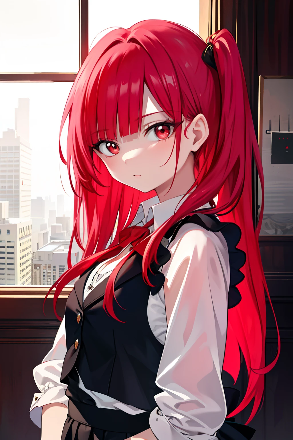 Masterpiece, Best quality, High quality, 1girll, Solo, view the viewer, Upper body, Mojana_maggie, 1girll, Red hair, Long hair, Red eyes, vests,（cropped shoulders：1.artly_Unbuttoned：1.2）