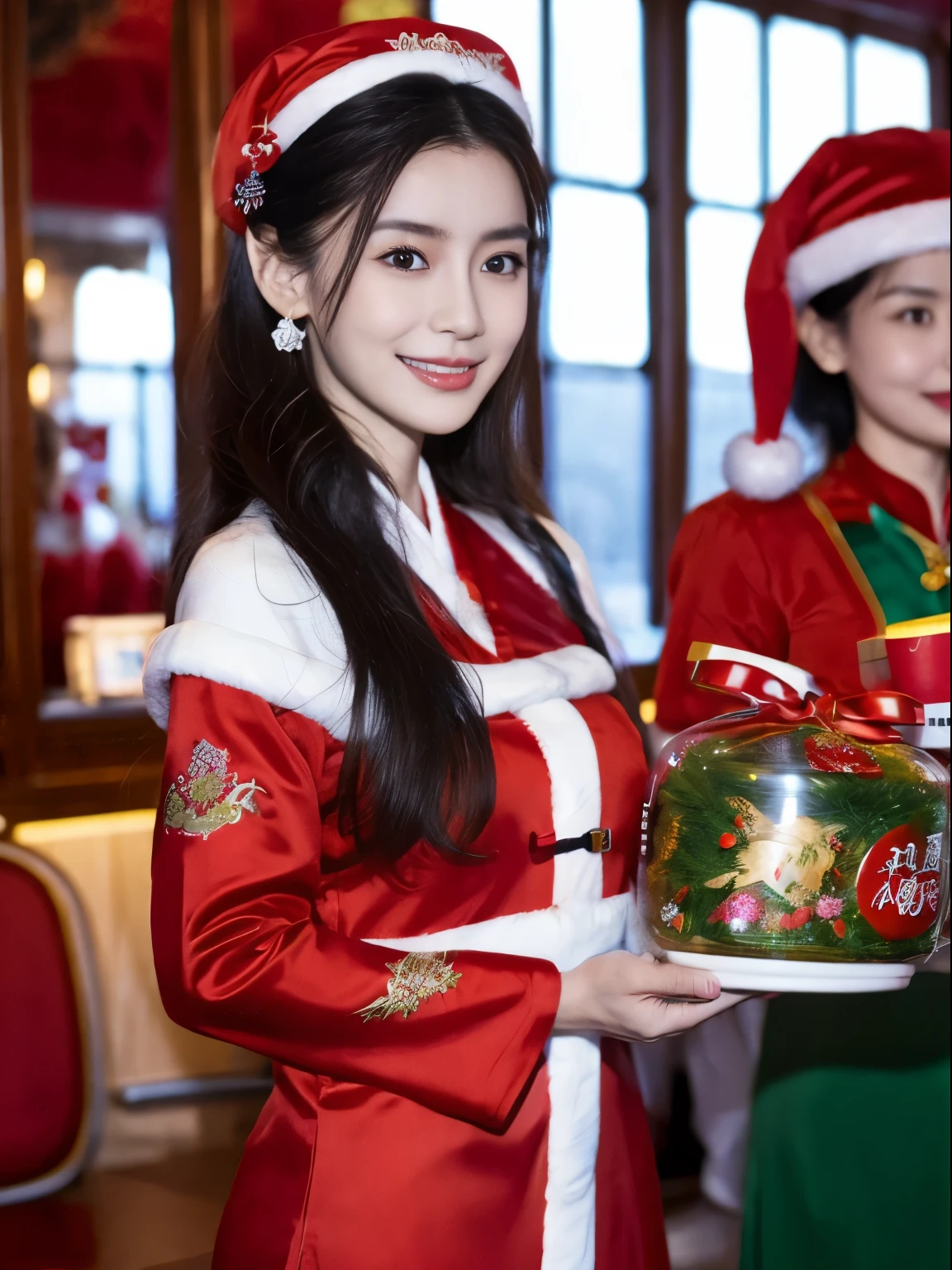 ((Beautiful Chinese Woman))，Asian Women，(Red Santa Claus costume：1.5)，Christmas tree，Christmas atmosphere，Black hair，Photorealsitic，surrealism, F/1.2, 35 mm, Fuji Film, 8K, Super Detail, nffsw, masutepiece, ccurate, Anatomically correct, Textured skin, Super Detail, high details, High quality, Best Quality, hight resolution