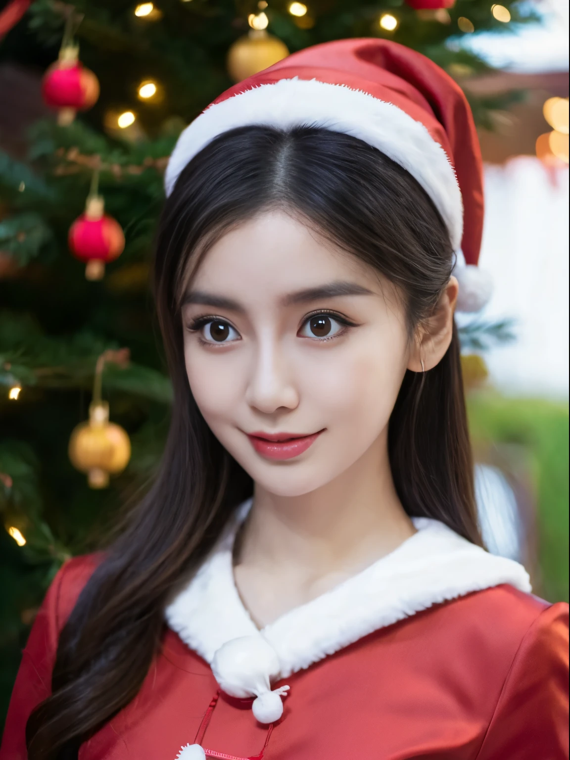 ((Beautiful Chinese Woman))，Asian Women，(Red Santa Claus costume：1.5)，Christmas tree，Christmas atmosphere，Black hair，Photorealsitic，surrealism, F/1.2, 35 mm, Fuji Film, 8K, Super Detail, nffsw, masutepiece, ccurate, Anatomically correct, Textured skin, Super Detail, high details, High quality, Best Quality, hight resolution