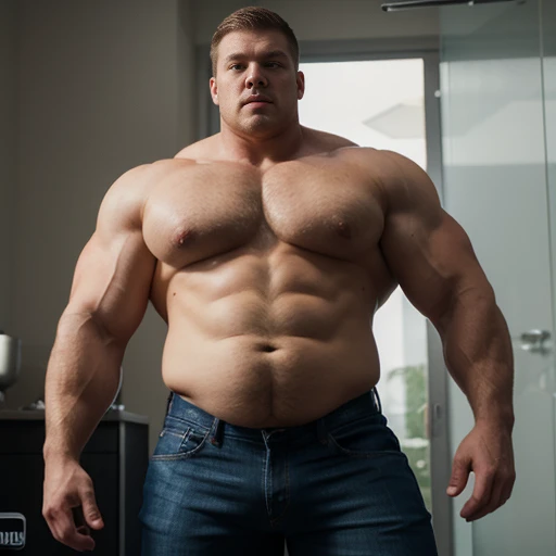 Alan Ritchson, gay, sexy dad bods, massive pecs, huge muscle arms and legs, very chubby, bloated belly, thick butt, huge dad bod, extremely chubby, hyper bloated stomach, beefy body, thick ass, major pecs, whole body in view, enormous arms and muscle legs, enormous bulge in jeans, jeans have the zipper down 8k, HDR, volumetric lighting, ultra quality, elegant, highly detailed, nsfw