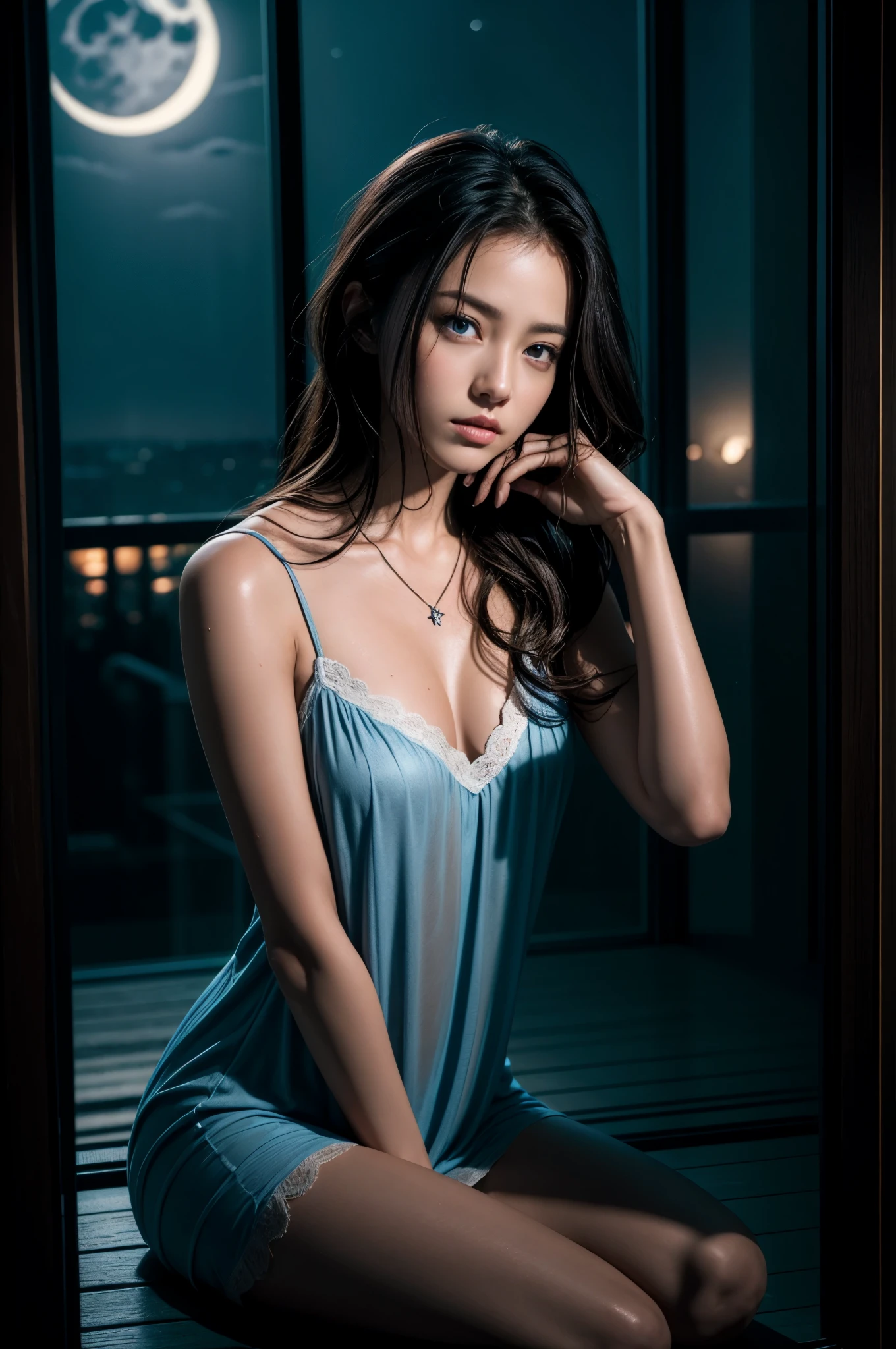 (Photoreal Stick:1.5, masutepiece:1.5, 8K), (top-quality, masterpiece, 超A high resolution), Perfect dynamic composition, Professional camera work:1.4, Highly detailed skin and facial texture:1.3, Mystical portrait:1.3, Grow Light Effect, The ultra-detailliert, 1girl in, ((Night view from inside the building, Pitch black room:0.9, The moonlight at night shines through the glass)), (Light blue nightgown), Model body type, Clear face, (Beautiful and seductive eyes:0.9, Enraptured look:1.0, i love you completely:0.8, A mouthfeel that feels beautiful eros:0.7), (Wet dark brown medium hair), the chest is medium, candles, a necklace, (Leaning against the window, Sit up), ((seductiv))