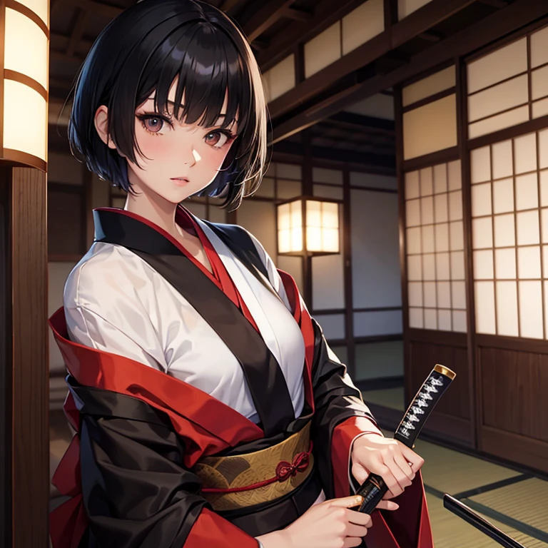 A woman, short hair, black hair, hair with bangs, Japanese clothing, kimono, kimono, showing one arm with tattoo, holding a samurai sword, local, Japanese room, Japanese room