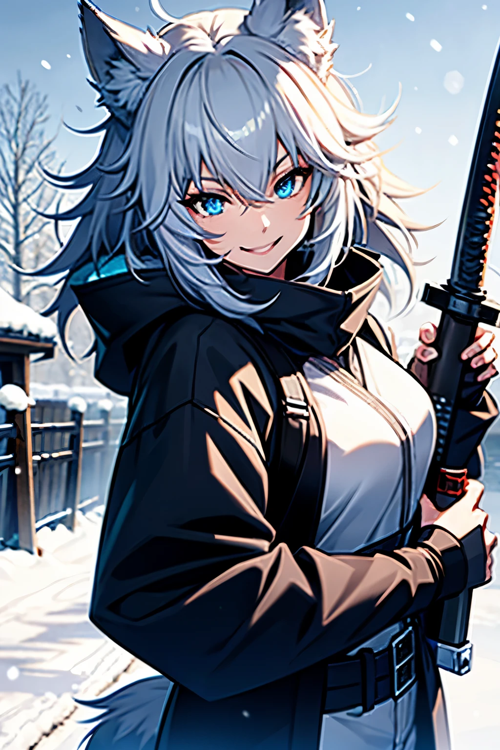 young wolf girl, white wolf ears, long white hair, messy hair, blue eyes, in a snow, wearing black lether jacket, tattoed body, 4k, masterpiece, smiling, holding a katana, best quality, HD,