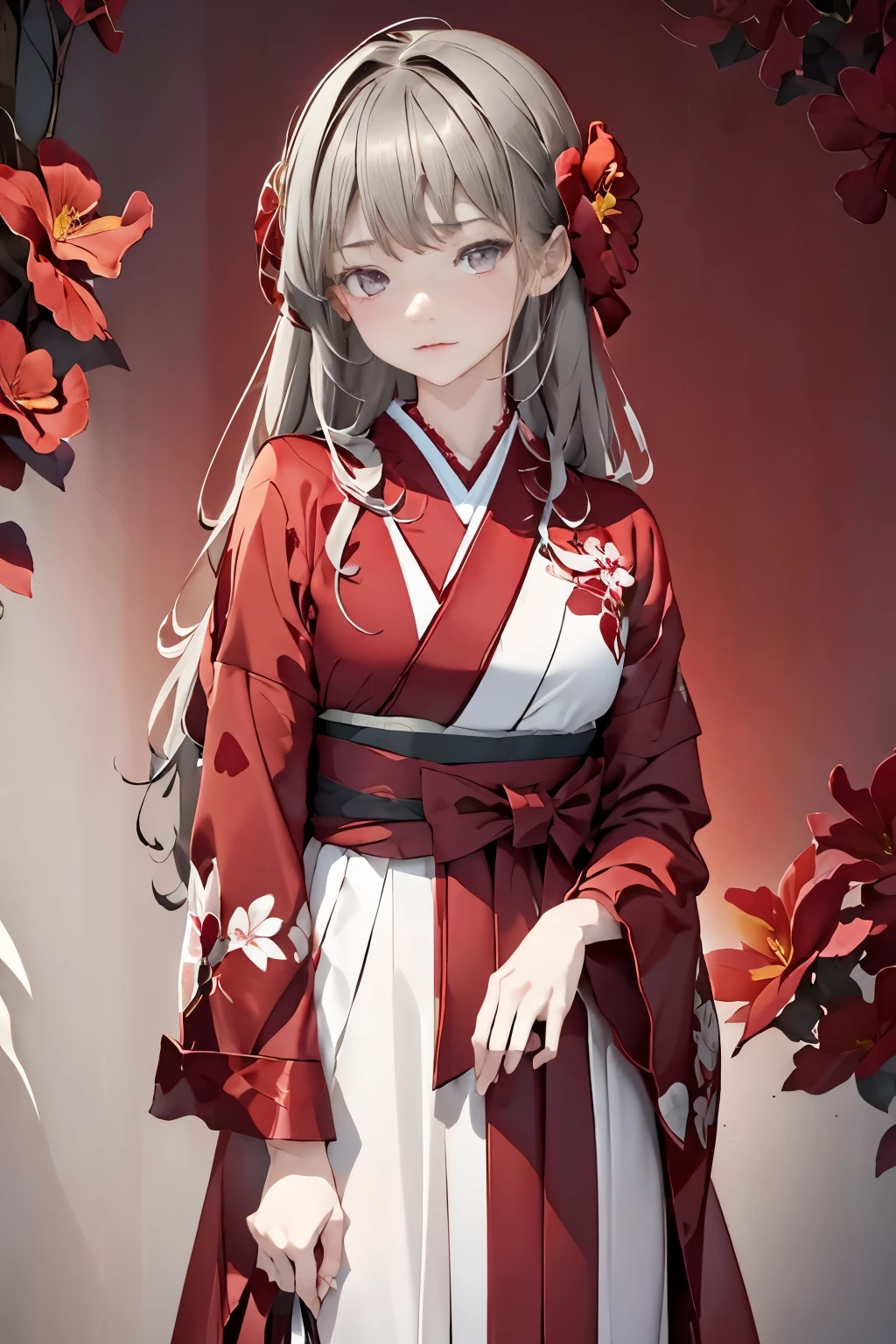 (((Vermilion flower background:1.3)))、Best Quality, masutepiece, High resolution, (((1girl in))), sixteen years old,(((Eyes are gray:1.3)))、Dark red kimono、((beautiful gray kimono)), Tindall Effect, Realistic, Shadow Studio,Ultramarine Lighting, dual-tone lighting, (High Detail Skins: 1.2)、Pale colored lighting、Dark lighting、 Digital SLR, Photo, High resolution, 4K, 8K, Background blur,Fade out beautifully、red flower world