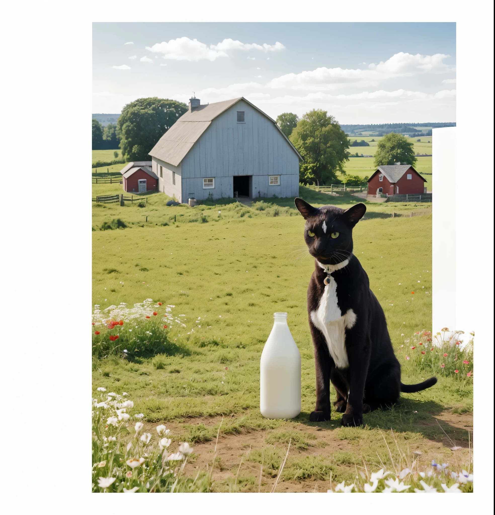 brown cow on grass with flowers in their hair, black cat drinking milk, standing near traditional red barn, fields and wildflowers in the distance, pet animal,
