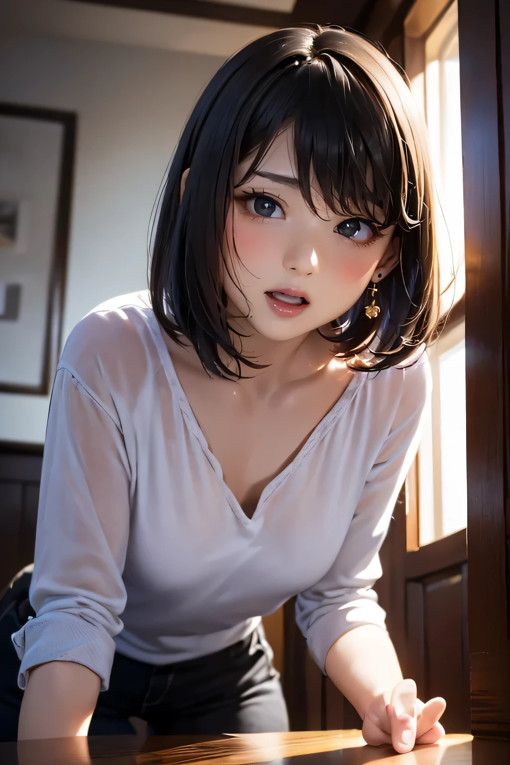high-definition images, atmospheric perspective, 8k, super detail, accurate, best quality, single shot, (a woman is masturbating to straddle with the corner edge of the table, lean on the table), slut, ((orgasm, ecstasy face)), (blush), dark brown pupil, open mouth, ((drooping eyes, blush)), ((sleepy)), (angle from below), (outside), (eccentric pose), chest, tiny earrings, short bob, pinches chest,