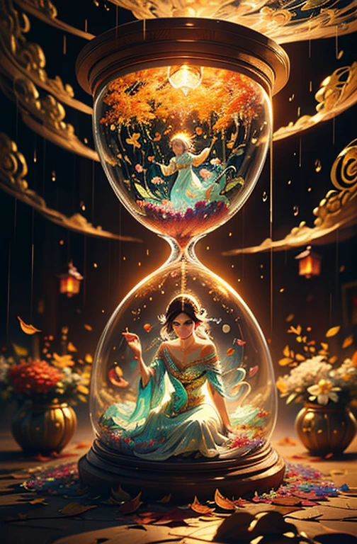 1girl sitting in hourglass bench, (masterpiece), best quality, expressive detailed eyes, perfect face, huge floating antique hourglass, beautiful girl sitting inside the hourglass, lamp lantern clock, magical swirling sky, rain clouds with lightning, long wavy black hair, Beautiful Illustration homepage style, high resolution, strong outline, 8k, famous art style, transparent white silk dress, fashion style, Paint water splashes. Sparkle particles like gems, Magic spell. Pink silver gray color. intricate oil paintings, bubbles and swirling fountains, full body, extremely detailed (Fractal Art: 1.3), vibrant colors, more detailed, slight smile, transparent clothing, mandalas and plumeria flowers, best quality, vibrant hair fused in water, beautiful visible pubic area, perfect smile and full lips, delicate and perfect body, digital painting, intricately detailed eyes looking at camera, fine art, oil painting, finely drawn magical garden, metallic roses, autumn leaves, metallic colors and enamel, oil tan skin, shiny skin, legends concept art, 8k volumetric lighting