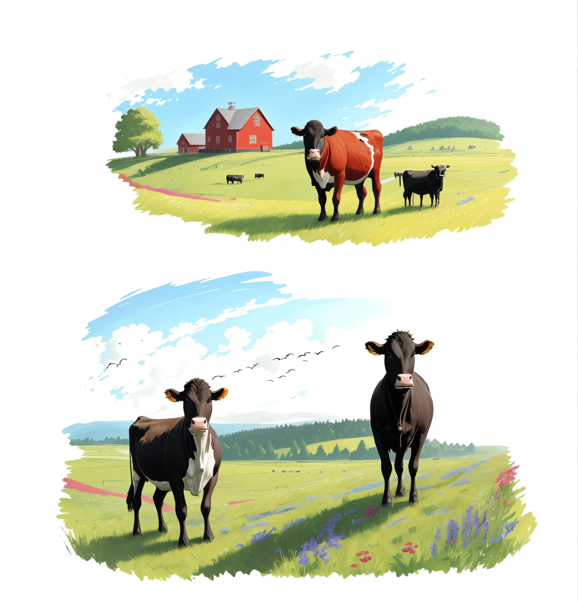 cows grazing on grass, standing near traditional red barn, fields and wildflowers in the distance