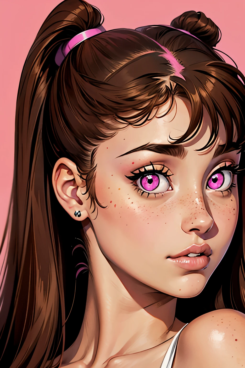 Ariana Grande, teen 18 years old, retrato, brown hair fringe, pink eyes, pecas