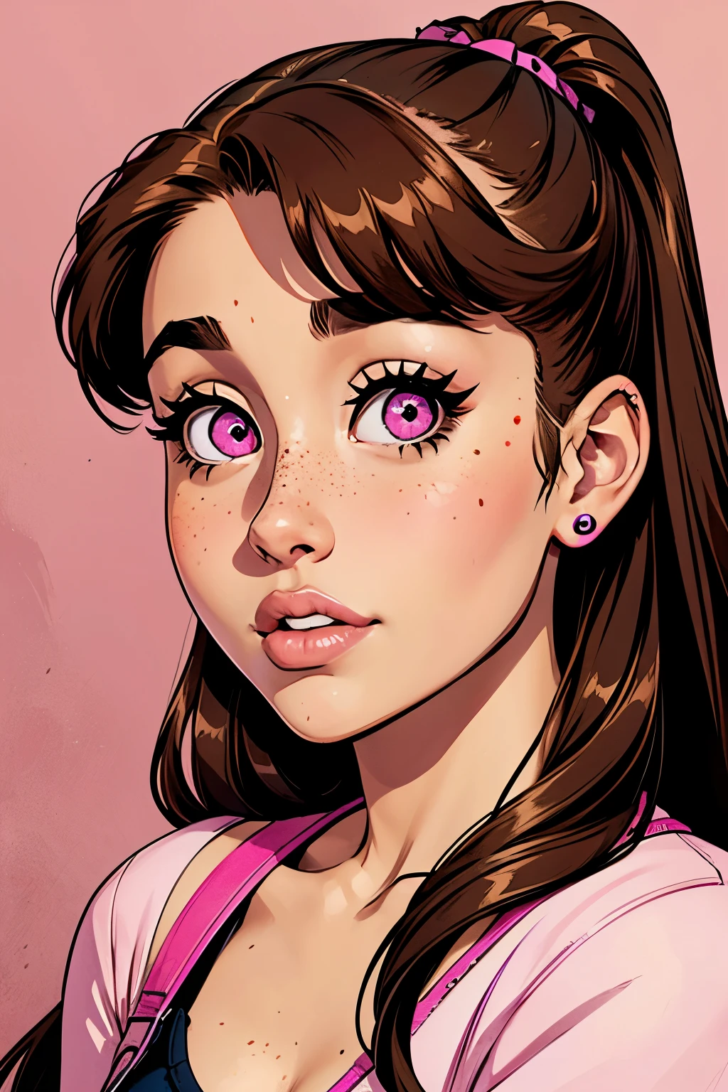 Ariana Grande, 18 years old, retrato, brown hair fringe, pink eyes, pecas