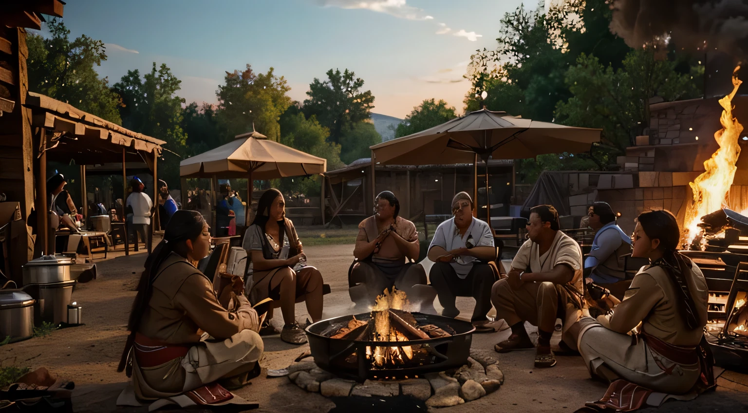 A large group of people, a mix of colonists and Native Americans, are gathered around a large fire. They are cooking a variety of meats. The air is filled with the smell of smoke and cooking food. ultra realistic photography style