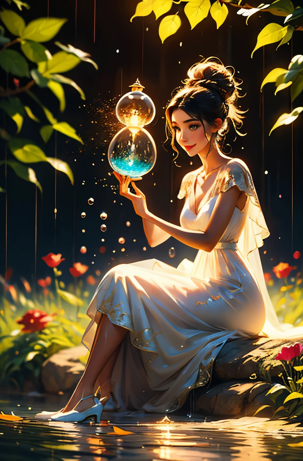 1girl sitting in hourglass bench, (masterpiece), best quality, expressive detailed eyes, perfect face, huge floating antique hourglass, beautiful girl sitting inside the hourglass, lamp lantern clock, magical swirling sky, rain clouds with lightning, long wavy black hair, Beautiful Illustration homepage style, high resolution, strong outline, 8k, famous art style, transparent white silk dress, fashion style, Paint water splashes. Sparkle particles like gems, Magic spell. Pink silver gray color. intricate oil paintings, bubbles and swirling fountains, full body, extremely detailed (Fractal Art: 1.3), vibrant colors, more detailed, slight smile, transparent clothing, mandalas and plumeria flowers, best quality, vibrant hair fused in water, beautiful visible pubic area, perfect smile and full lips, delicate and perfect body, digital painting, intricately detailed eyes looking at camera, fine art, oil painting, finely drawn magical garden, metallic roses, autumn leaves, metallic colors and enamel, oil tan skin, shiny skin, legends concept art, 8k volumetric lighting