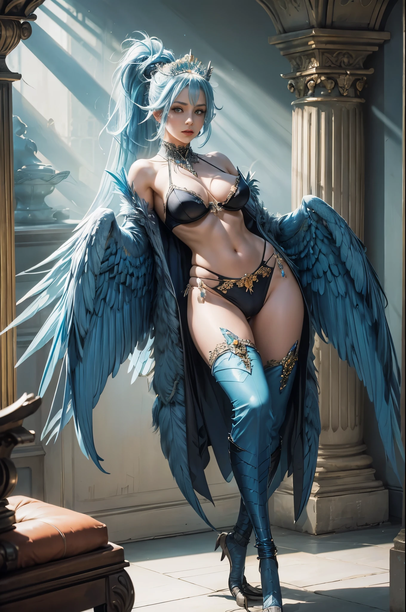 4k,hight resolution,One Woman,harpy,lightblue hair,Long ponytail,huge tit,large white wings,Orange claws,A queen,The Queen's Tiara,Black high-leg pants,Black bra,jewel decorations