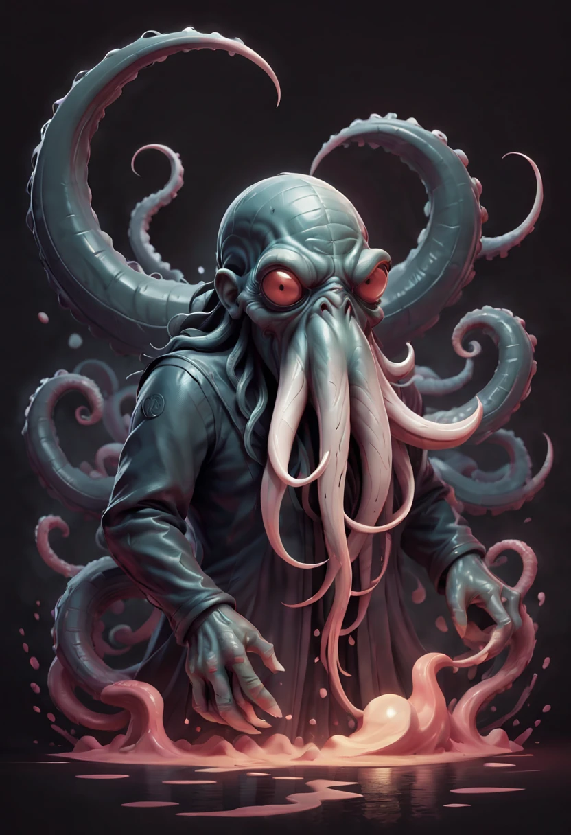 Lovecraftian horror logo design,t shirt design,beefy style,design only,white background,no model,professional,high contrast,high-res,ultra-detailed,vivid colors,metallic accents,sharp focus,edgy,dynamic composition,gritty texture,rough brush strokes,mechanical elements,chrome effect,classic typography,retro style,distressed look,aggressive lines and curves,3D rendering,striking visual impact,dark shadows,strong branding presence,monochromatic palette,industrial aesthetic