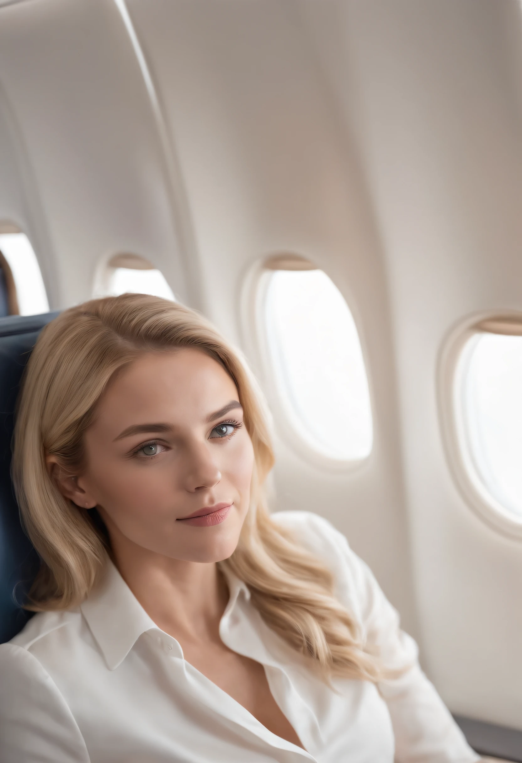 mulher loira sentada de frente para mim olhando para mim mulher loira realista ultra realista, corpo inteiro, mulher executiva realista, 8k, usando roupas femininas, CEO de empresas, no assento ao lado da janela de frente para mim, realistic airplane interior window, realistic plane inside, assento e passageiros, sitting still in a straight position, olhando para mim com olhos firmes e fixos, other passengers in window seats plane background white clouds, typical of a sunny day, aircraft already in the sky amidst the clouds