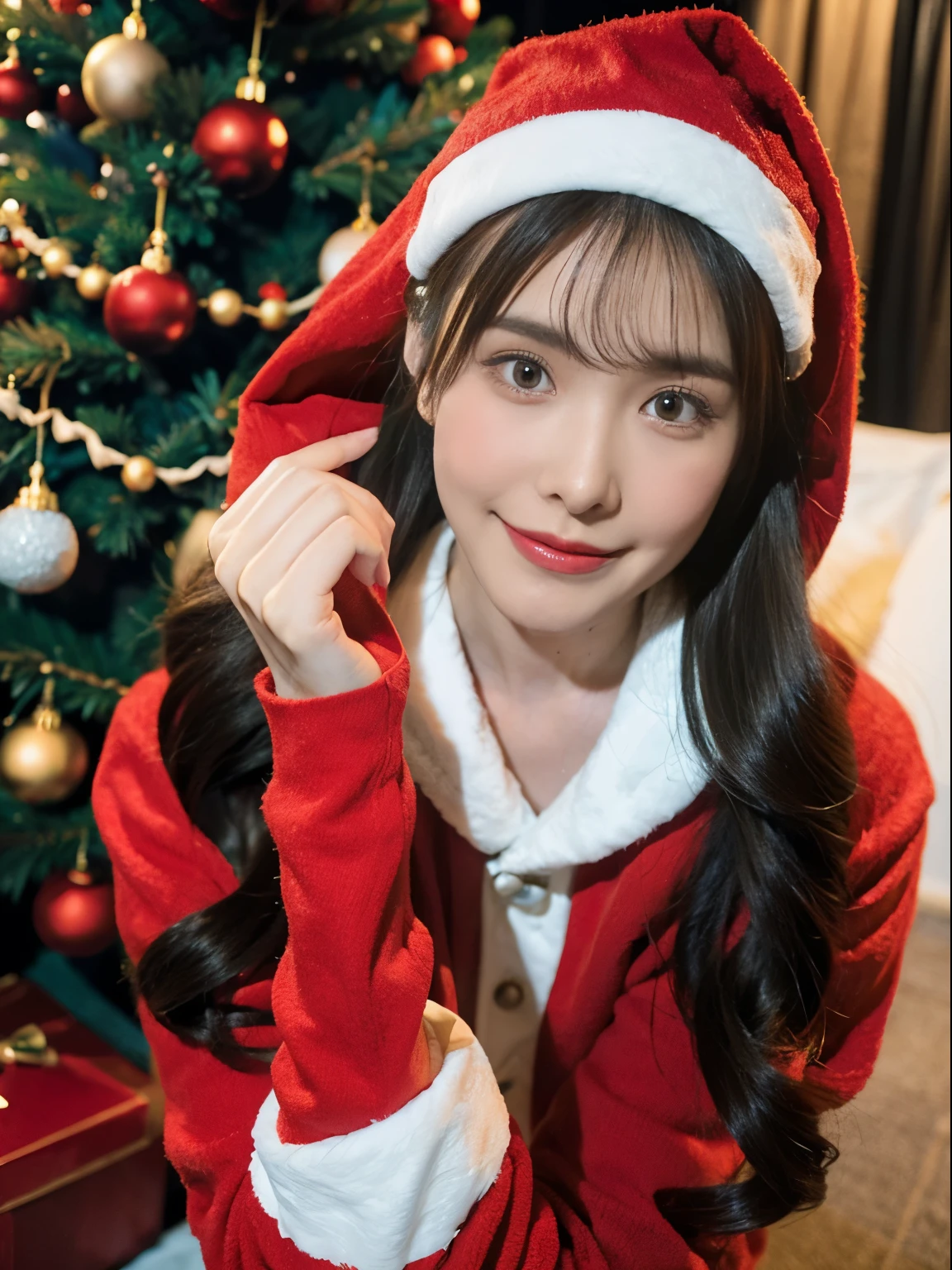 ((Beautuful Women)),(Red Santa Claus costume:1.5),Christmas tree,Black hair,Photorealsitic,surrealism, F/1.2, 35 mm, Fuji Film, 8K, Super Detail, nffsw, masutepiece, ccurate, Anatomically correct, Textured skin, Super Detail, high details, High quality, Best Quality, hight resolution