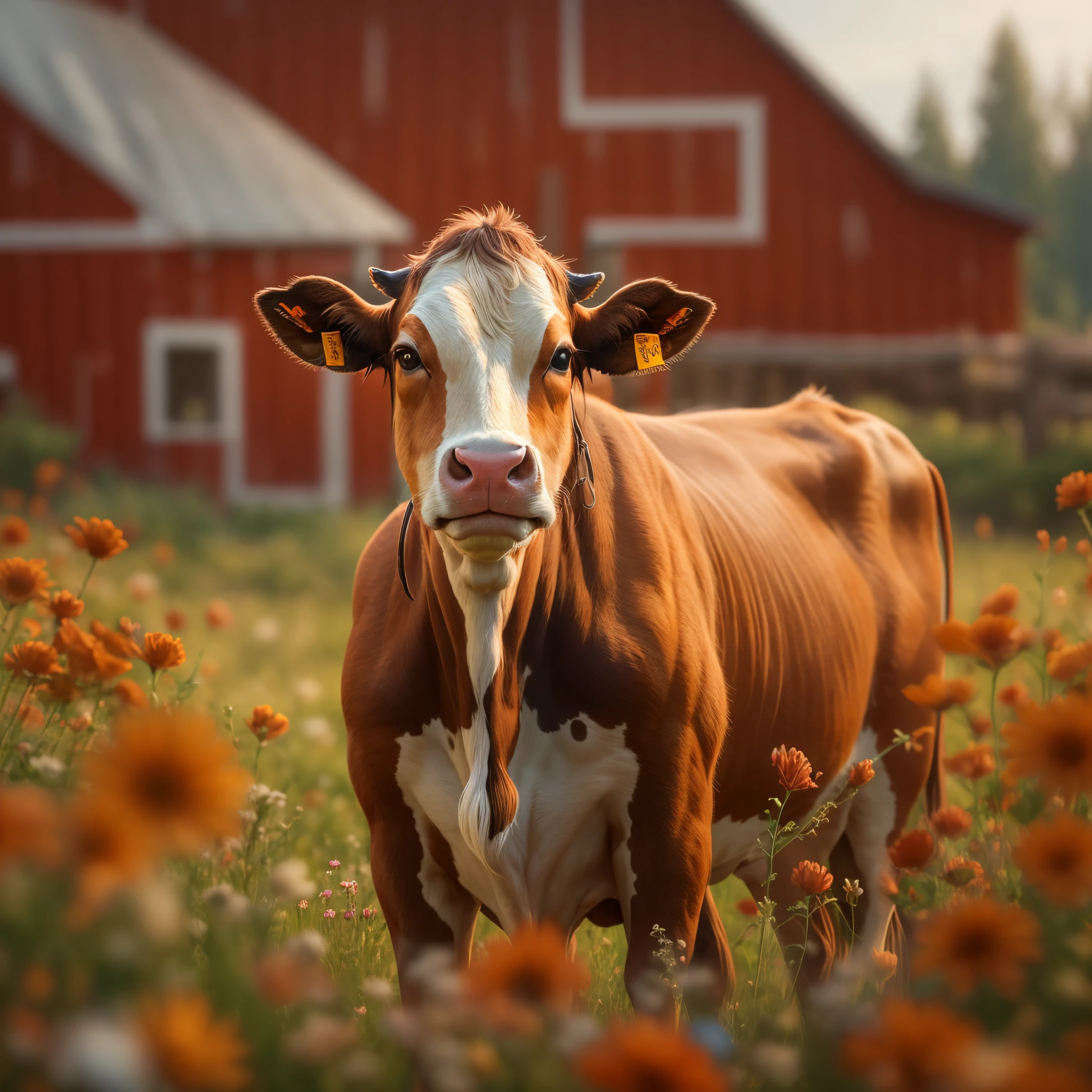 a brown cow standing outside a traditional red barn, on a farm, wildflowers and pastureland in the distance, extremely detailed CG unity 8k wallpaper, intricate details, portrait, solo, detailed background, bokeh, raytracing, realistic textured skin, particle effects, depth of field