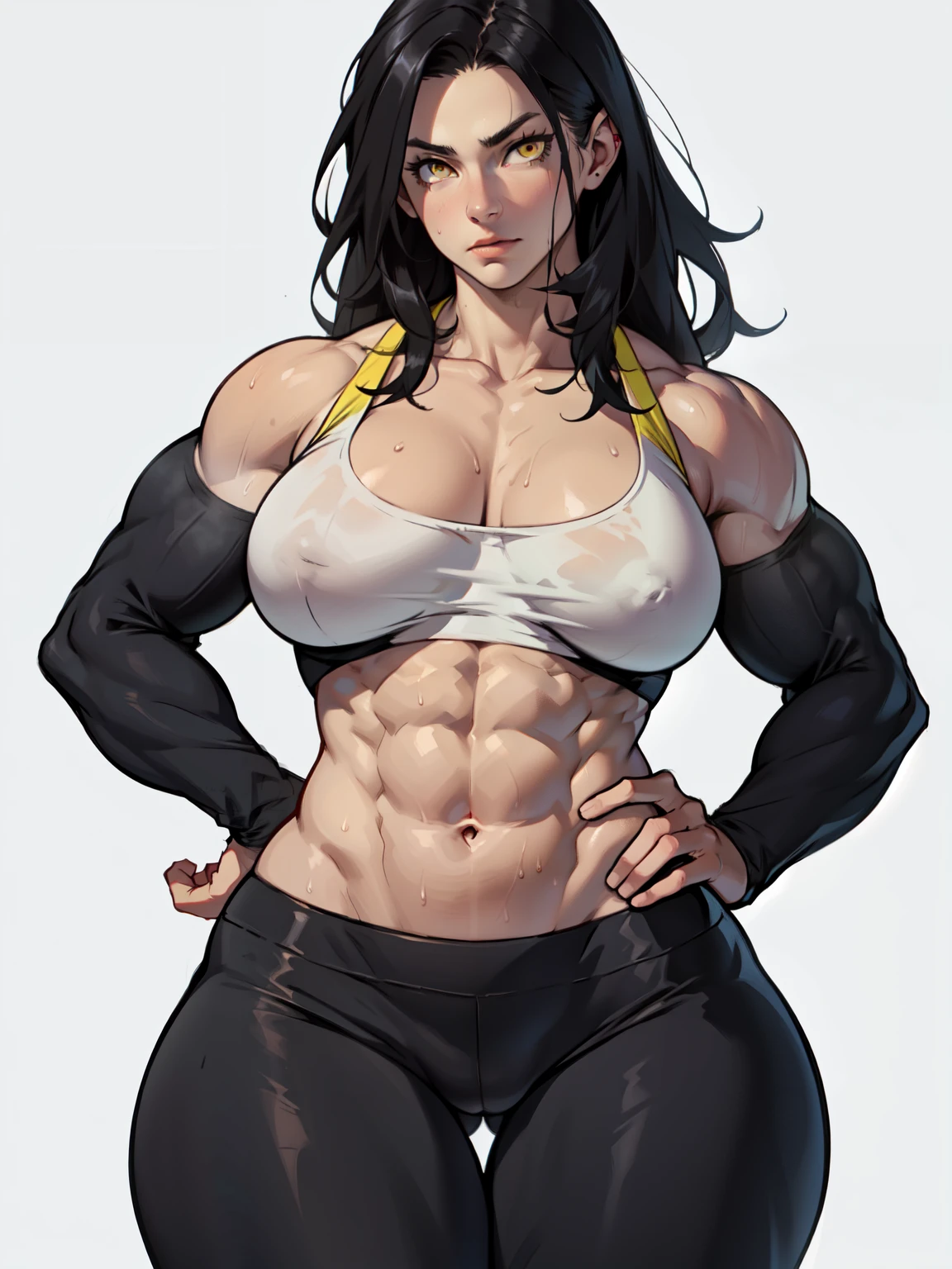 girl (((((muscular girl large breasts thick))))) pale skin black hair yellow eyes expressionless thin waist thin waist thin waist thin waist thin waist sweaty long abs long abs long abs long abs leggings simple background