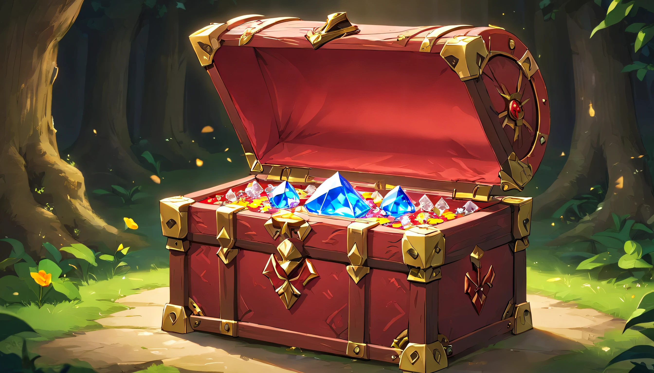 Opened Red Mechanical Trunk with big diamonds inside the Trunk, a lot