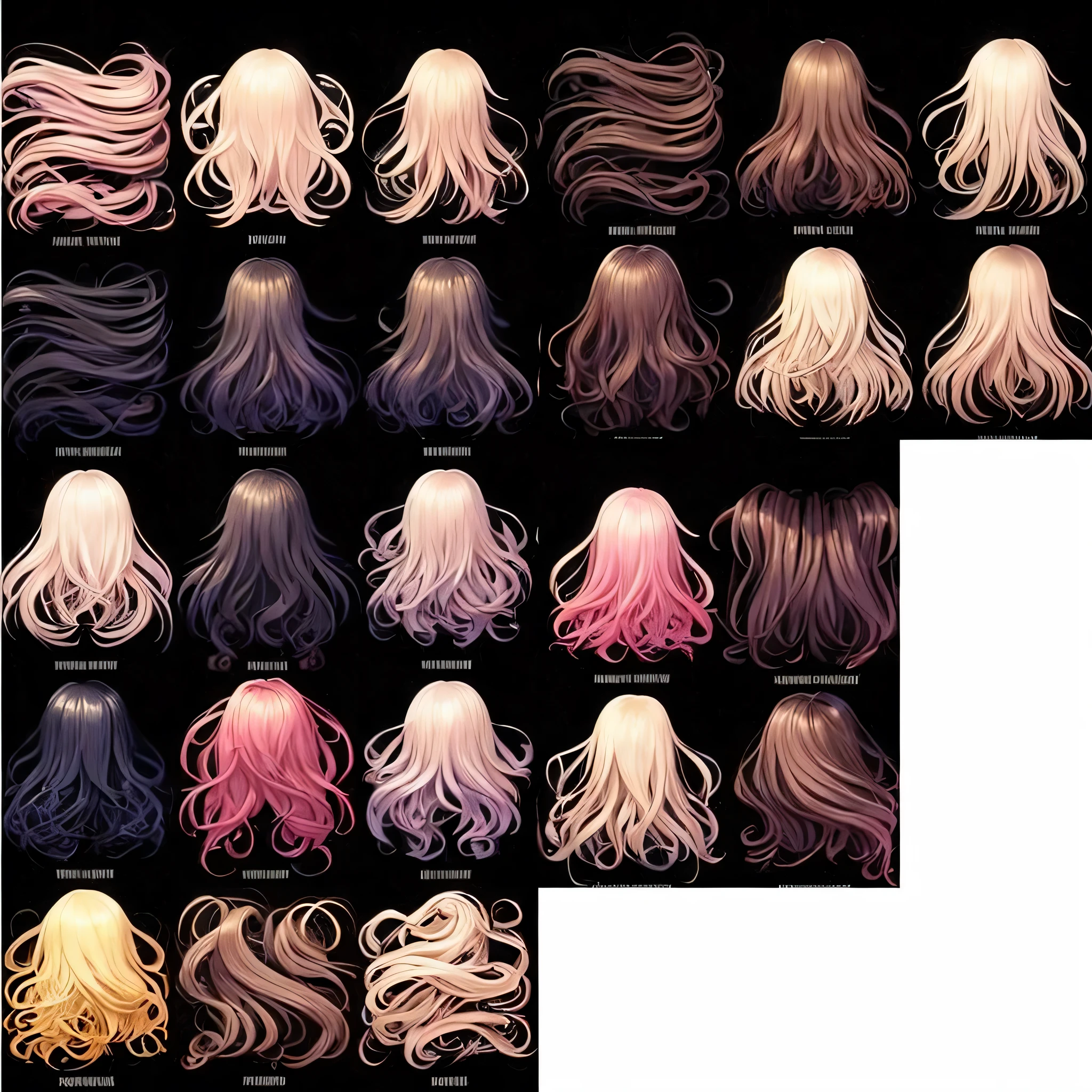 um close de um monte de cabelos de cores diferentes, diferentes cores de cabelo, different Cor do Cabelos, Realistic hair, fios de cabelo, various Cor do Cabelos and styles, Cabelos, gradient hair, Subtle color variations, penteados femininos, textura do cabelo, Various Art Styles, Cor do Cabelo, Estilo WLOP, Cor do Cabeloing, cabelo multiversal, wlop loish and clamp style