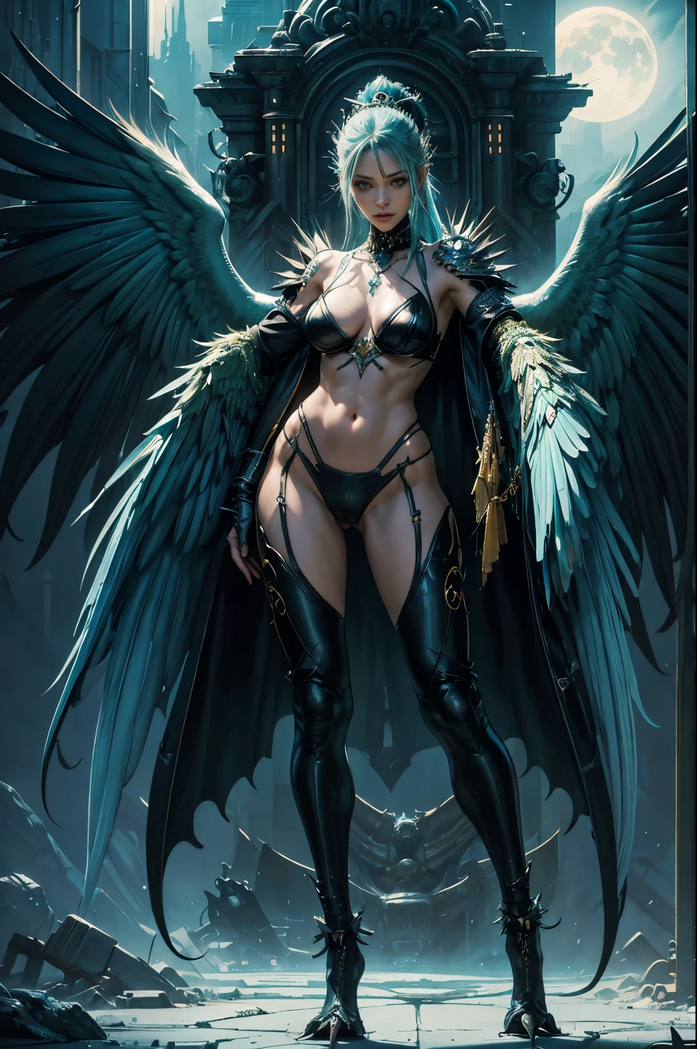 4k,hight resolution,One Woman,harpy,lightblue hair,Long ponytail,huge tit,large white wings,Orange claws,A queen,The Queen's Tiara,Black high-leg pants,Black bra,jewel decorationsUltra detailed digital art masterpiece, detailed face, full body view white gold cyberpunk edgerunners, tribal cyber punk edgerunners, cyper punk gold white wings on her back,tropical night city, exotic, Tom Bagshaw, Anne Bachelier, mixed with dark cyberpunk elements, dark environment , very dark night , no make up natural face, abstract , big shiny eyes, crazy mimic expression, ultra detailed atmospheric details, beautiful glowing effects , sparkle effects , realistic body proportions , beautiful face proportions, complex masterpiece, green hairs, colorful beautiful hair style, glowing detailed tattoos, complex physics, enhanced colors, complimentary colors, hyper detailed reflections, Ultra detailed complex background, environment feels alive, by BoneAge🦴