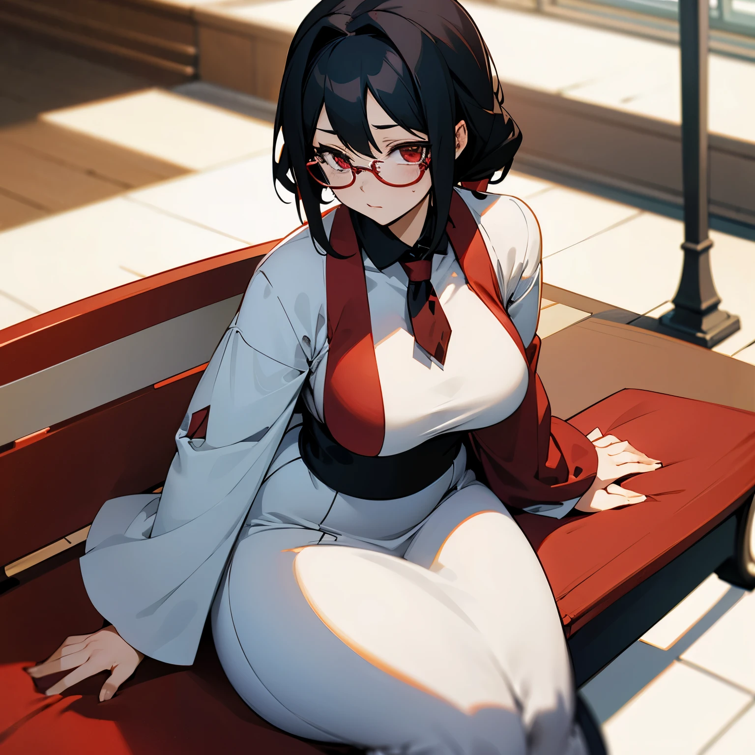 Crimson Red Eyes Eyes ,Black Hair , White Kemono , Curvy , Young girl , Blue red tipped hair , Mature Female , Glasses , Sitting on a bench