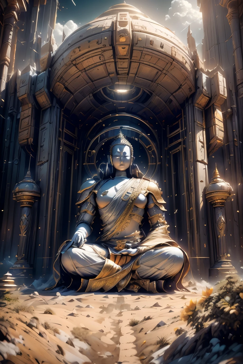 "((Enlightened Buddha)) meditating in (ancient) serenity, (lotus position) amidst a surreal landscape of ethereal clouds, wearing an intricately detailed ((space Marine Armor)), a harmonious blend of spiritual wisdom and futuristic strength, golden hour ambiance, cinematic composition, (book cover illustration)"