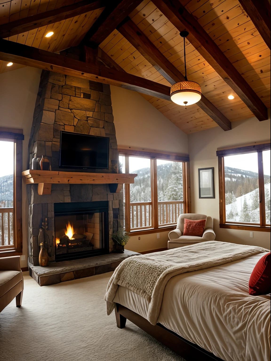 Cozy bedroom with fireplace, in the mountains, snowing outside