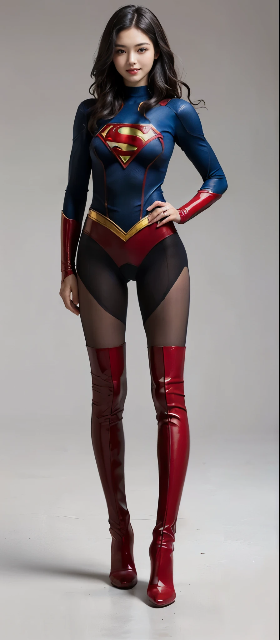 No background、Are sleeping、lying back on、(((Wear black tights on your beautiful legs.)))、(((Grow legs、tall、Legally express the beauty of your smile)))、((((Make the most of the original image)))、(((Supergirl Costume)))、(((beautiful hairl)))、(((Suffering)))、(((Feet must necessarily be worn with black tights)))、(((You need to wear red boots)))、((Top image quality、8K))、((top-quality、8K、​masterpiece:1.3))、(((Keep Background )))、Crisp focus:1.2、Beautiful woman with perfect body shape:1.4、Slender Abs:1.2、a wet body:1.5、Highly detailed facial and skin texture、8K