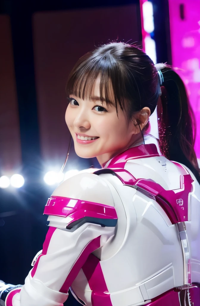 (ultra best quality、8K、masuter piece、delicate illustration)、Futuristic pink and white shiny hero suit 、(Very plump body 1.1、Super Big 1.1)、smiling at the viewer、Ponytail with black hair(With cage)、karaoke、Singing、full bodyesbian