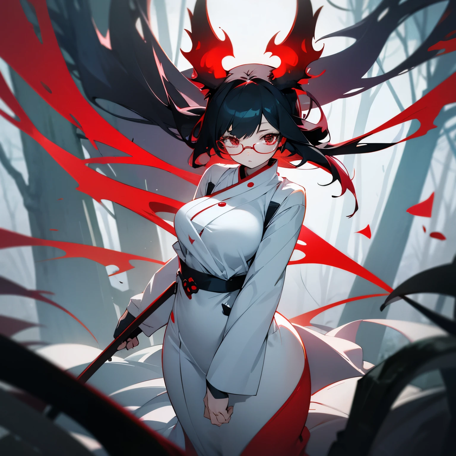 Crimson Red Eyes Eyes ,Black Hair , White Kemono , Curvy , Young girl , Blue red tipped hair , Mature Female , Glasses , Standing in forest , Pale Skin , Demon