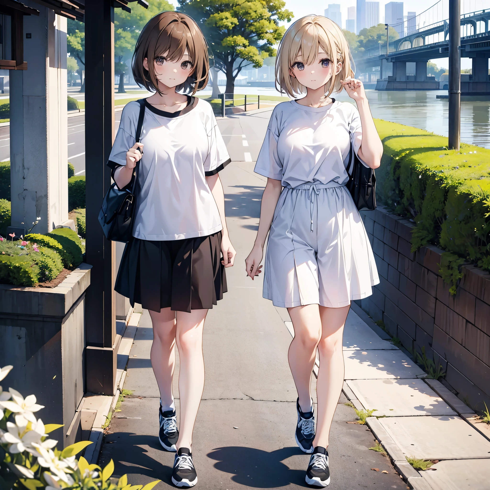 Two Japanese adult women A and B sightseeing in a park along the Sumida River、A has long, loose dark brown hair.、B has light blonde hair with loose lob hair and short bob.、they are wearing casual clothes、A is wearing an oversized white hoodie, a black skirt, and black knee-length stockings.、B is wearing an oversized T-SHIRT and shorts.、I'm wearing black sneakers with white laces、2 people are looking at this