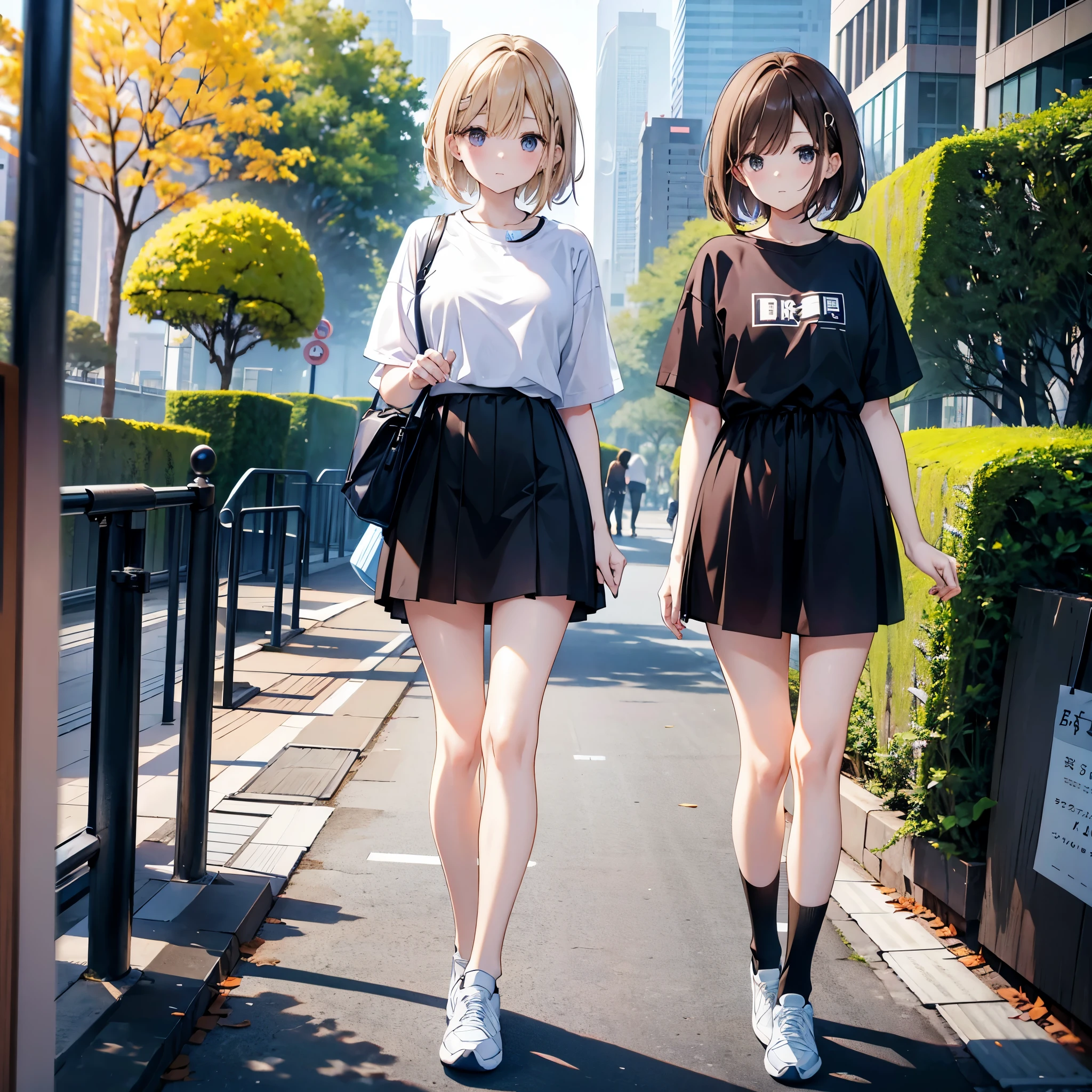 Two Japanese adult women A and B sightseeing in a park along the Sumida River、A has long, loose dark brown hair.、B has light blonde hair with loose lob hair and short bob.、they are wearing casual clothes、A is wearing an oversized white hoodie, a black skirt, and black knee-length stockings.、B is wearing an oversized T-SHIRT and shorts.、I&#39;m wearing black sneakers with white laces、2 people are looking at this